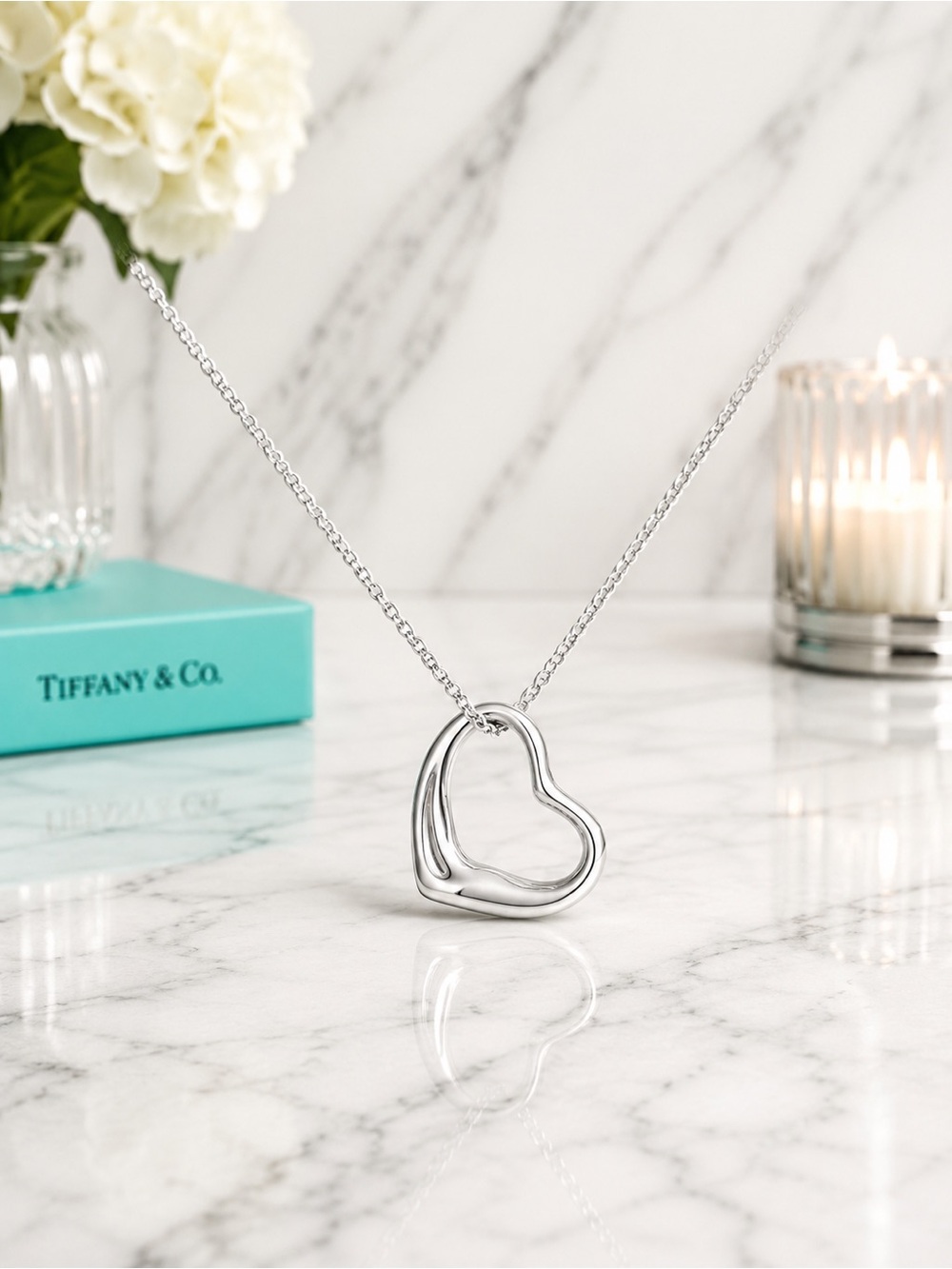 Tiffany & Co. Elsa Peretti Large Open Heart .925 Silver Necklace Full Set